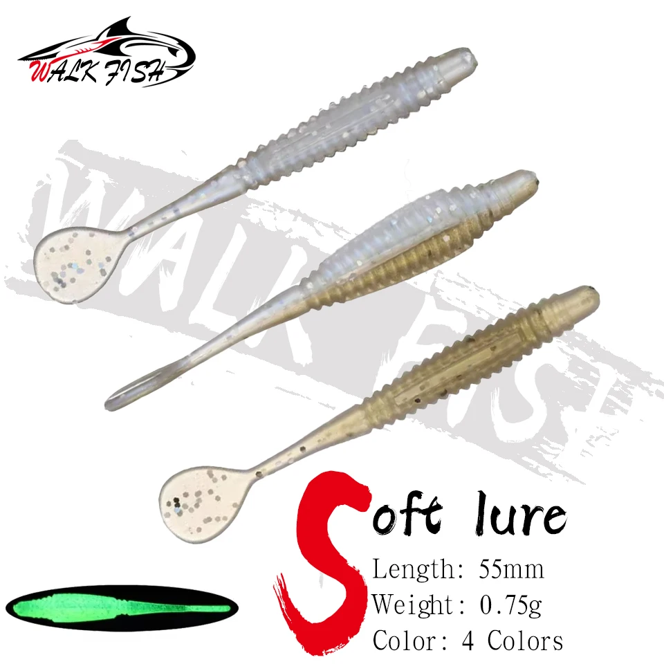 WALK FISH 20 Stück 55 mm 0,75 g leuchtender Faden, weiche Köder, Jig-Wurm, künstliche Würmer, Angelköder, Süßwasserbarsch, Forelle, Meeresangeln