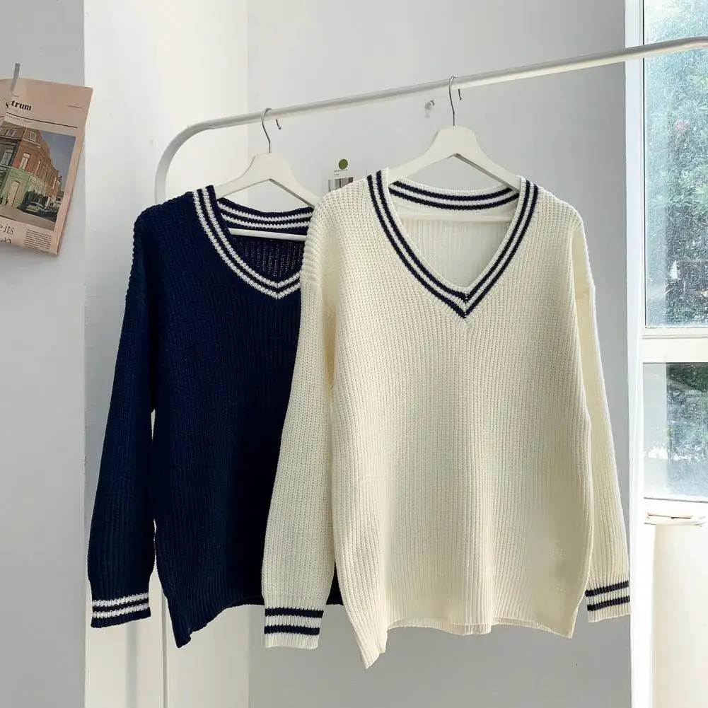 Chic Spring Sweater Long Sleeves Dispel Cold Contrast Colors Wear-resistant V Neck Autumn Sweater