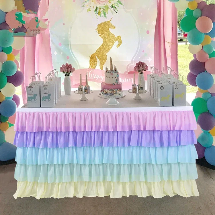 

Cake Table Skirt Rainbow Unicorn Table Cloth Birthday Party Wedding Decoration Chiffon Table Surround Tablecloth Home Ornament