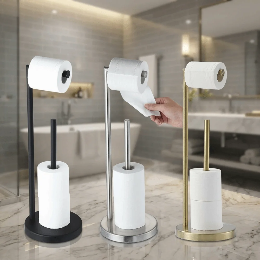 Stainless Steel Toilet Paper Holder Reserve Storage Freestanding Base Paper Holder Stand Stable Standing Jumbo Roll Fit