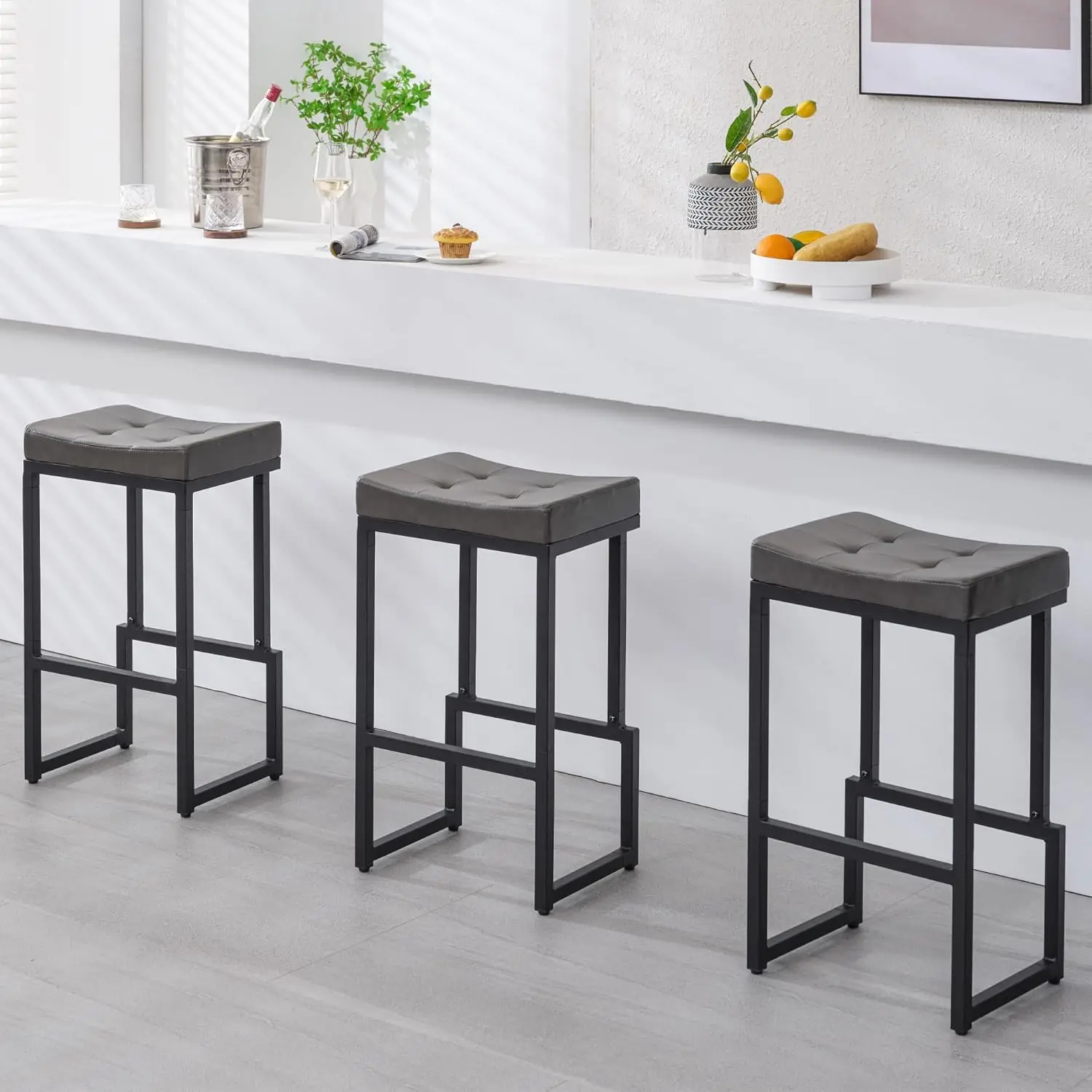 

Bar Stools Set of 3, 28" Counter Height Bar Stools, Faux Leather Barstools for Kitchen Island, Backless Saddle Stools