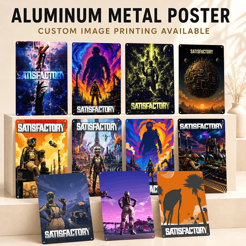 Satisfactory 2 Aluminum Posters Personalized Metal Tin Sign Dark Adventure Graphic Wall Art Perfect For Arcade Room And Players
