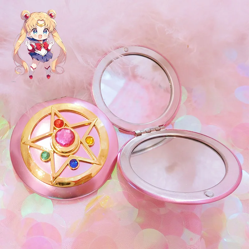 Espejo de maquillaje de Sailor Moon de Anime, figura bonita Tsukino Usagi, palo mágico, espejo plegable de cristal de doble cara, regalos de Festival para niñas