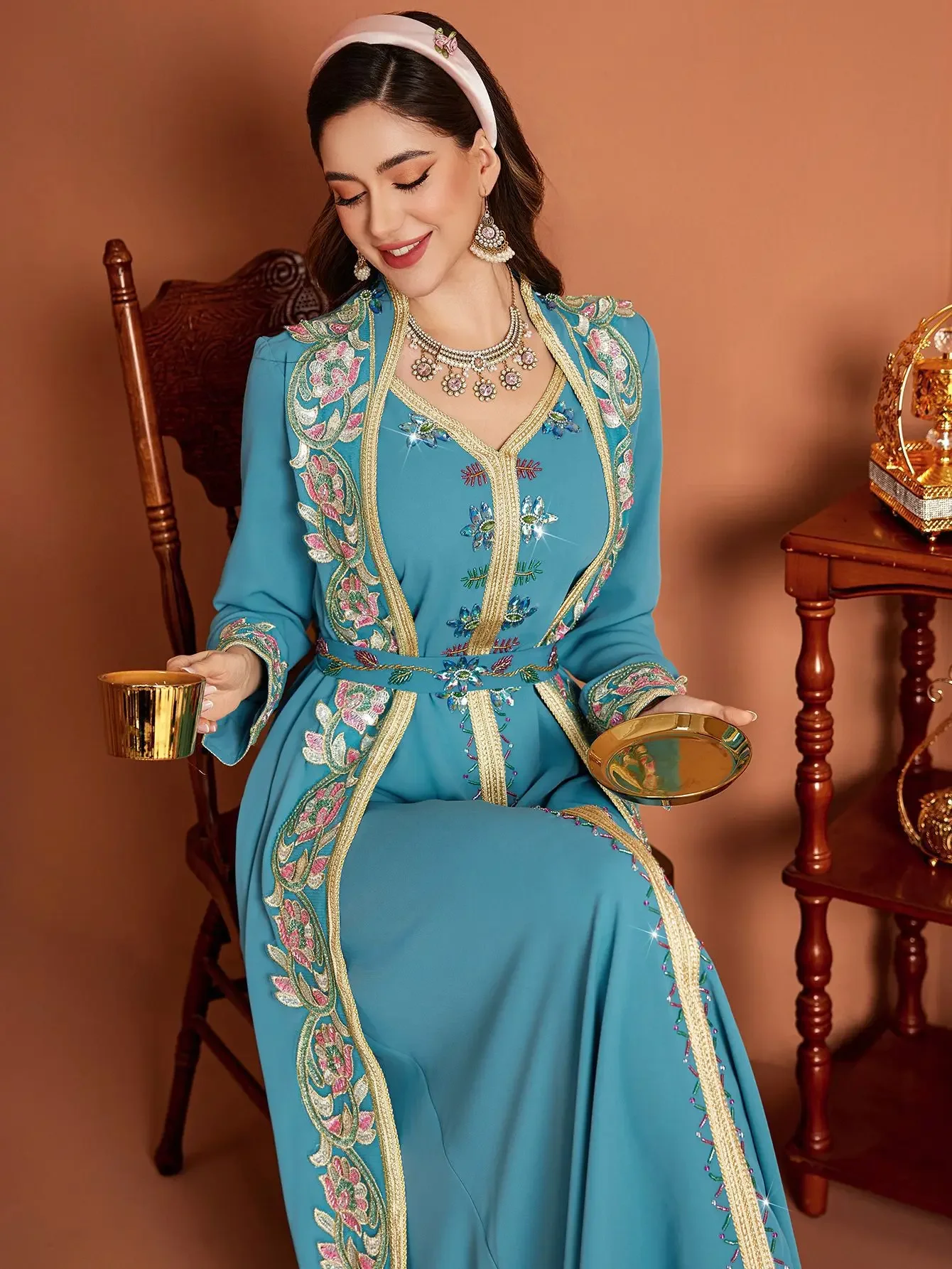 فستان العيد الإسلامي للنساء عباية دانتيل ماسي مزيف 2 قطعة فساتين طويلة فيستدوس لارغوس حفلة قفطان رمضان دبي رداء طويل 2026