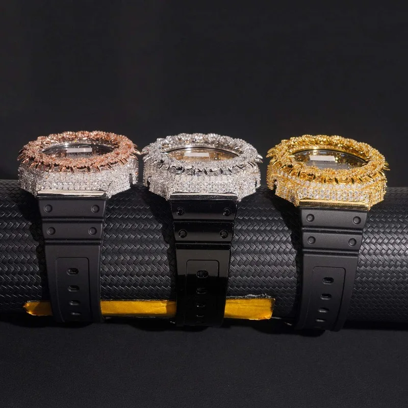 LYEE CYEE Gear-Edge Watch Case: Iced with Moissanite, Hip-Hop Style in Gold/Silver/Rose Gold. 5pc Set for G-Shock in Premium Cas