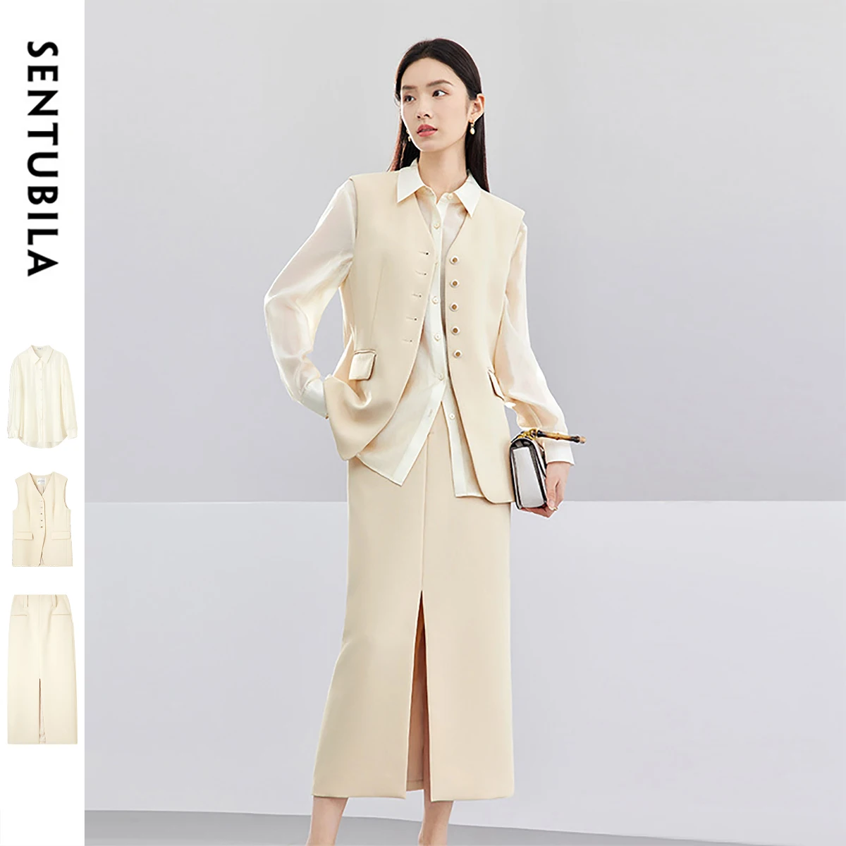 

SENTUBILA 3 Piece Skirt Suits Women 2025 Spring Autumn Office Outfit Elegant V-neck Waistcoat Shirt Skirt Set Woman 141Z52876