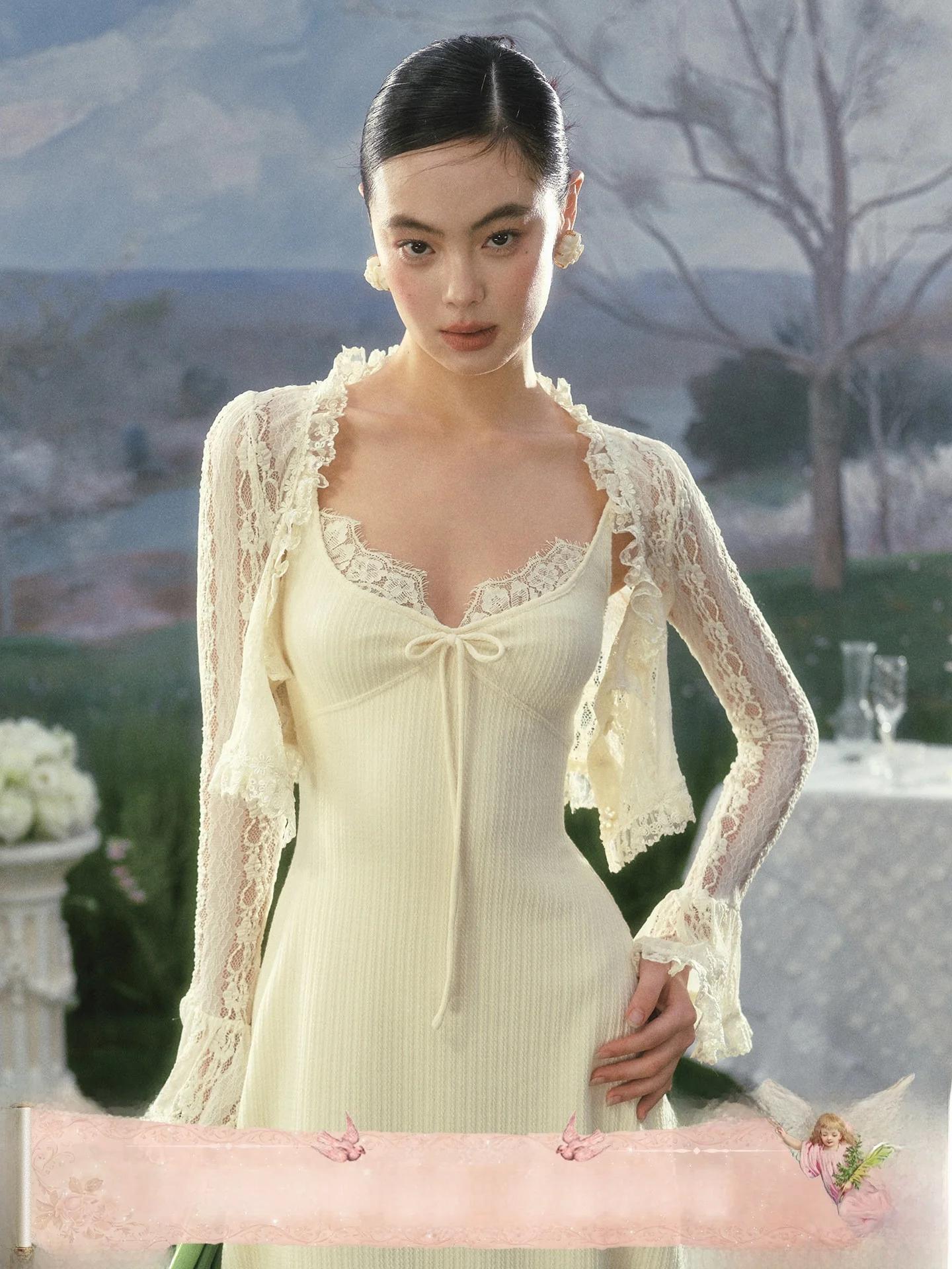 

Комплект из двух предметов: белое вязаное платье и открытый кардиган с кружевом для невесты в деревенском стиле, маленький размер, весенняя мода, женский костюм