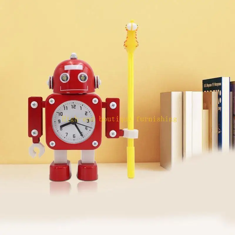 L9NB Creative Cartoon Robot Alarm Clock Metal Wake-up Clocks with Flashing Eye Lights Hand Clip Pen Holder Children Christmas