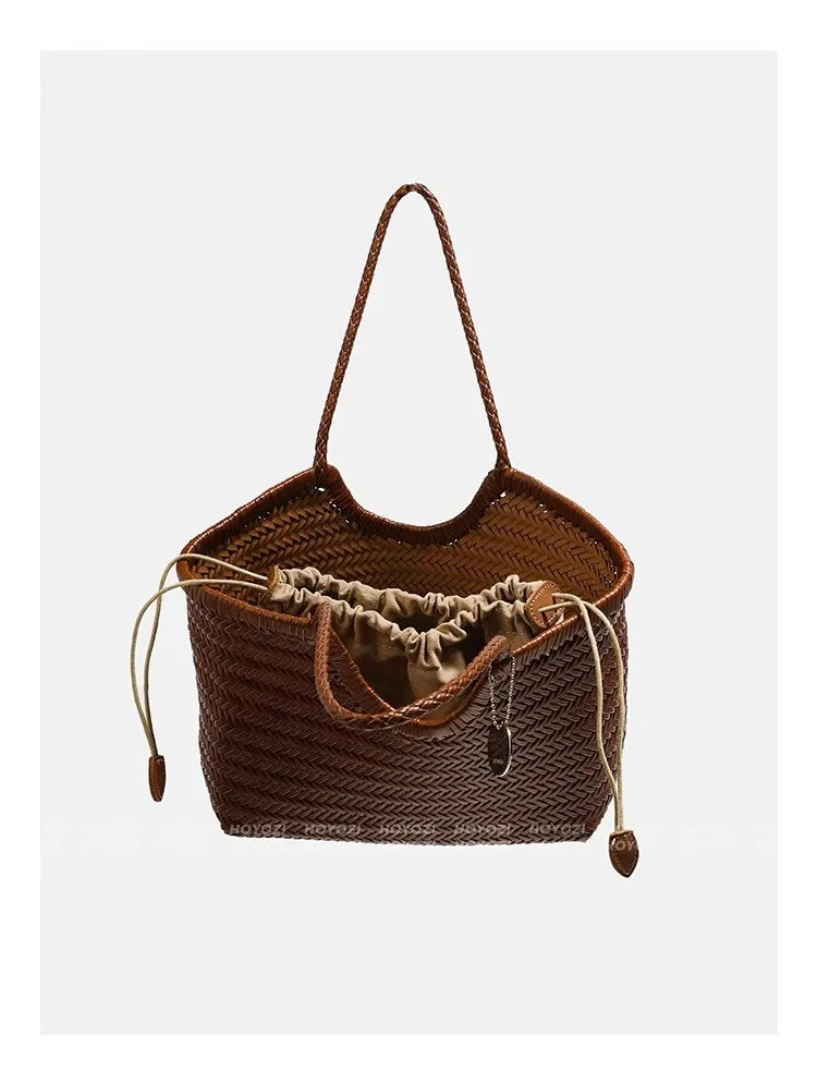 Handmade cowhide woven tote bag for women, shoulder bag, large capacity vegetable basket bag