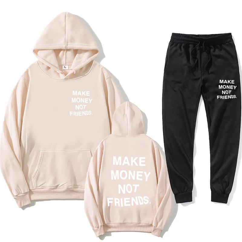 Homens e mulheres Hoodie e calças de jogging Set, carta impressão, casal de suores, Hoodie Set, não ganhar dinheiro, amigos, moda