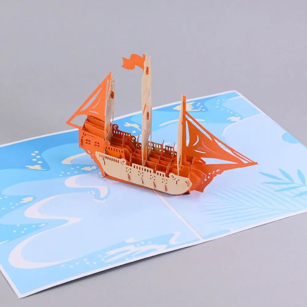 Foldable Smooth Sailing Greeting Card Festival Handmade 3D Pop Up Greeting Card Paper Elegant Blessing Message Card