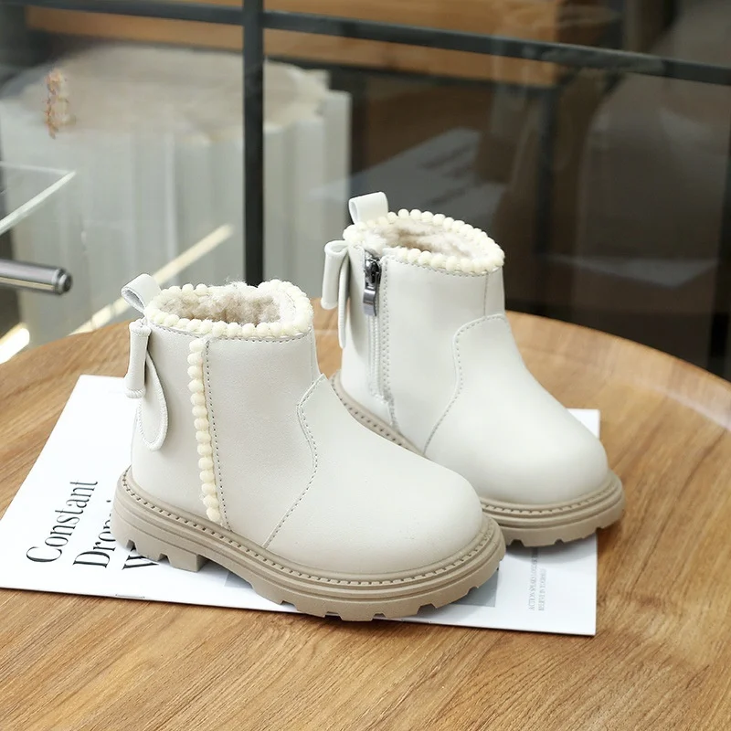 

Зимние сапоги, ботильоны из искусственной кожи, однотонная зимняя обувь с бантом для девочек, нескользящая теплая белая черная обувь, размер 21-32