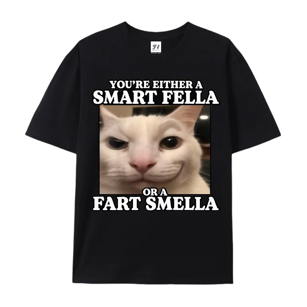 Mens Smart Fella Fart Smella T Shirt Funny Cat Meme Graphic Tee Casual Short Sleeve Summer Oversized Streetwear Top