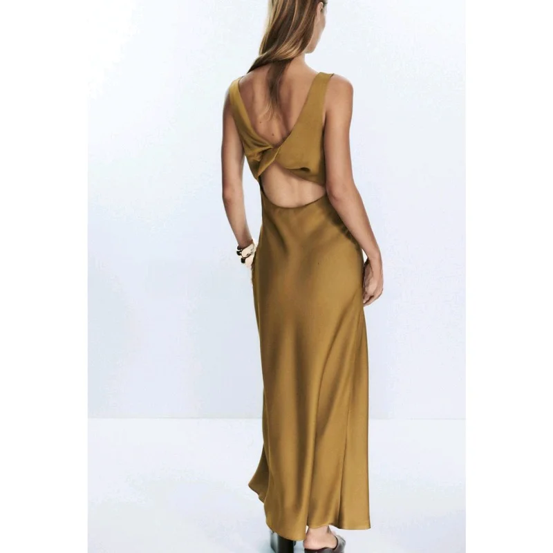 Autumn New Arrival Women's Long Silk Satin V-ne Midi Dr Beach Vaion Sle Casual X-aped Polyester Fiber Dr