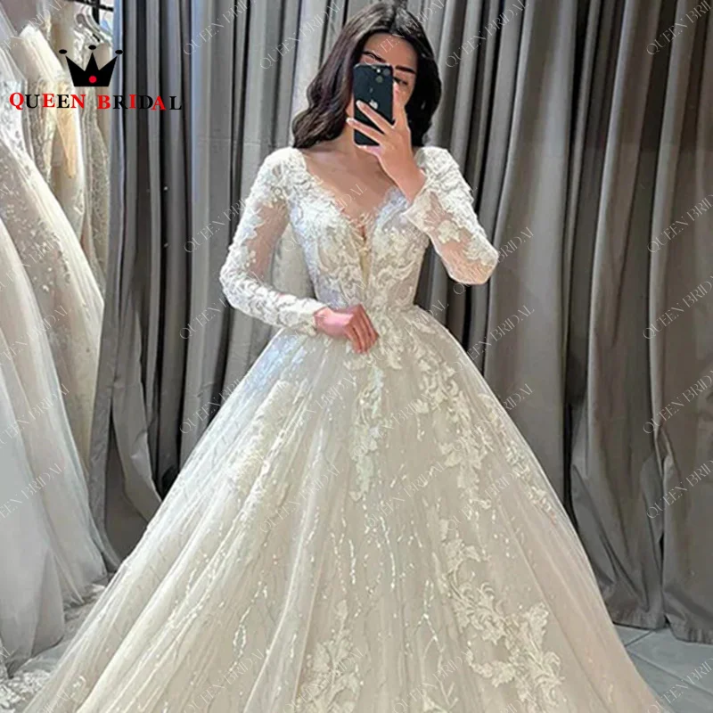 Long Sleeve Graceful Wedding Dresses 2024 Appliques Sequined Lace Floor-Length Bridal Ball Gowns Vestidos De Novia Custom H46X