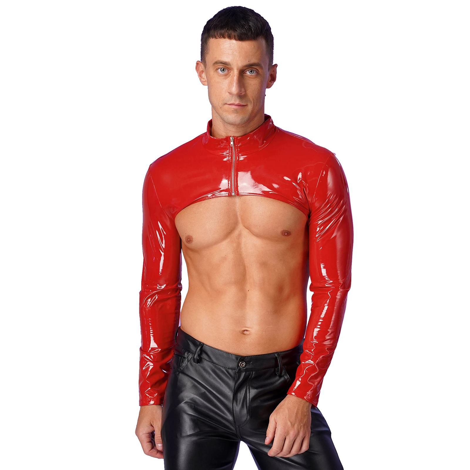 Mens Patent Leather Crop Top Stand Collar Long Sleeve Front Zipper Arm Sleeve Shrug Slim Top Showing Muscle Clubwear