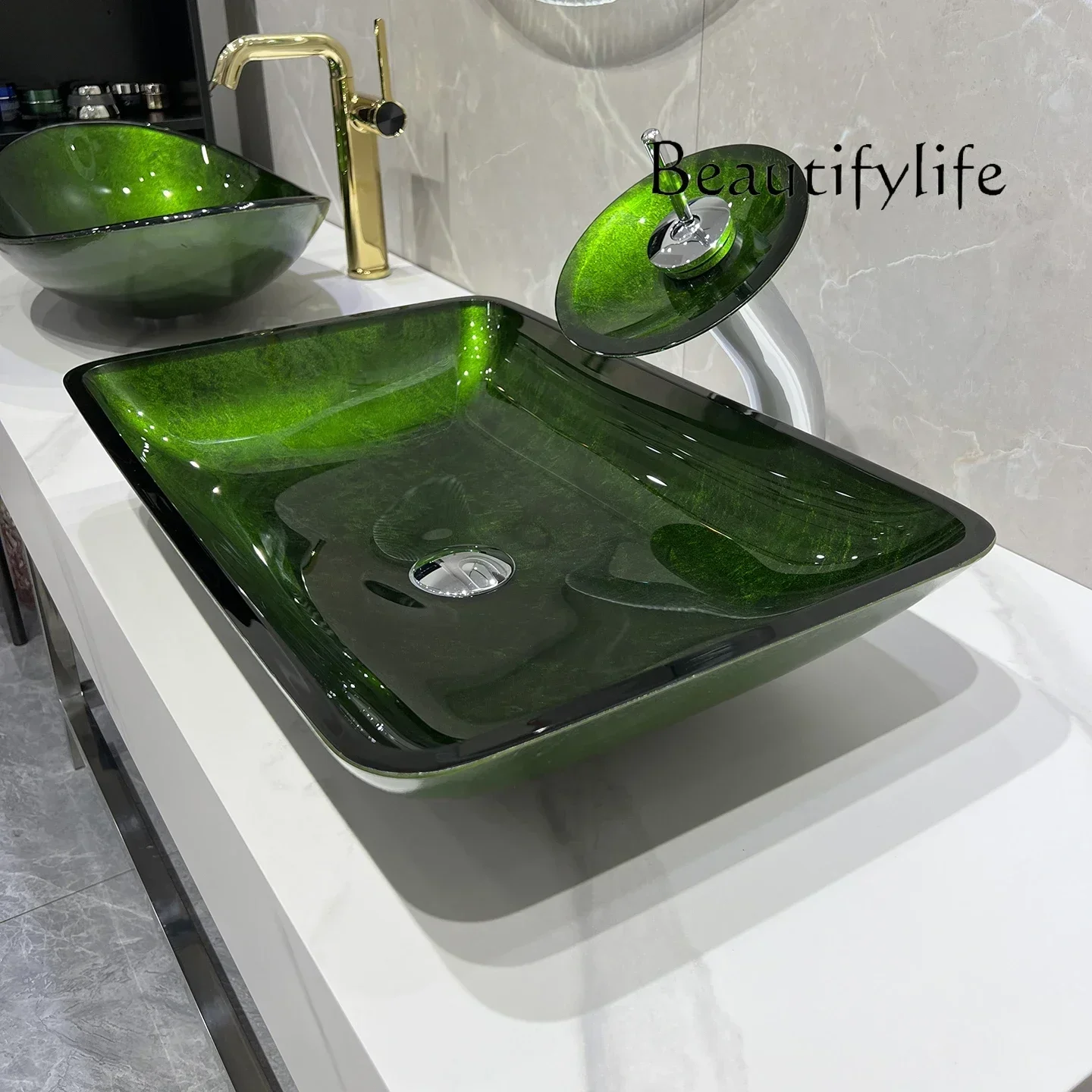 60.z.Matcha Green, Tempered Glass Wash Basin, Household Table Basin, Retro Art Basin, Creative Rectangular Washbasin.