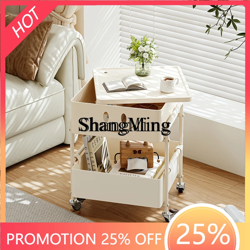 

ZYY Premium Delicate Cream Wind Movable Sofa Coffee Table Creative Living Room Home Wheeled Cart Minimalist Bedside Shelf