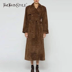 TWOTWINSTYLE Solid Temperament Coats For Women Lapel Long Sleeve Spliced Single Breasted Chic Jackets Female Fashion New Style