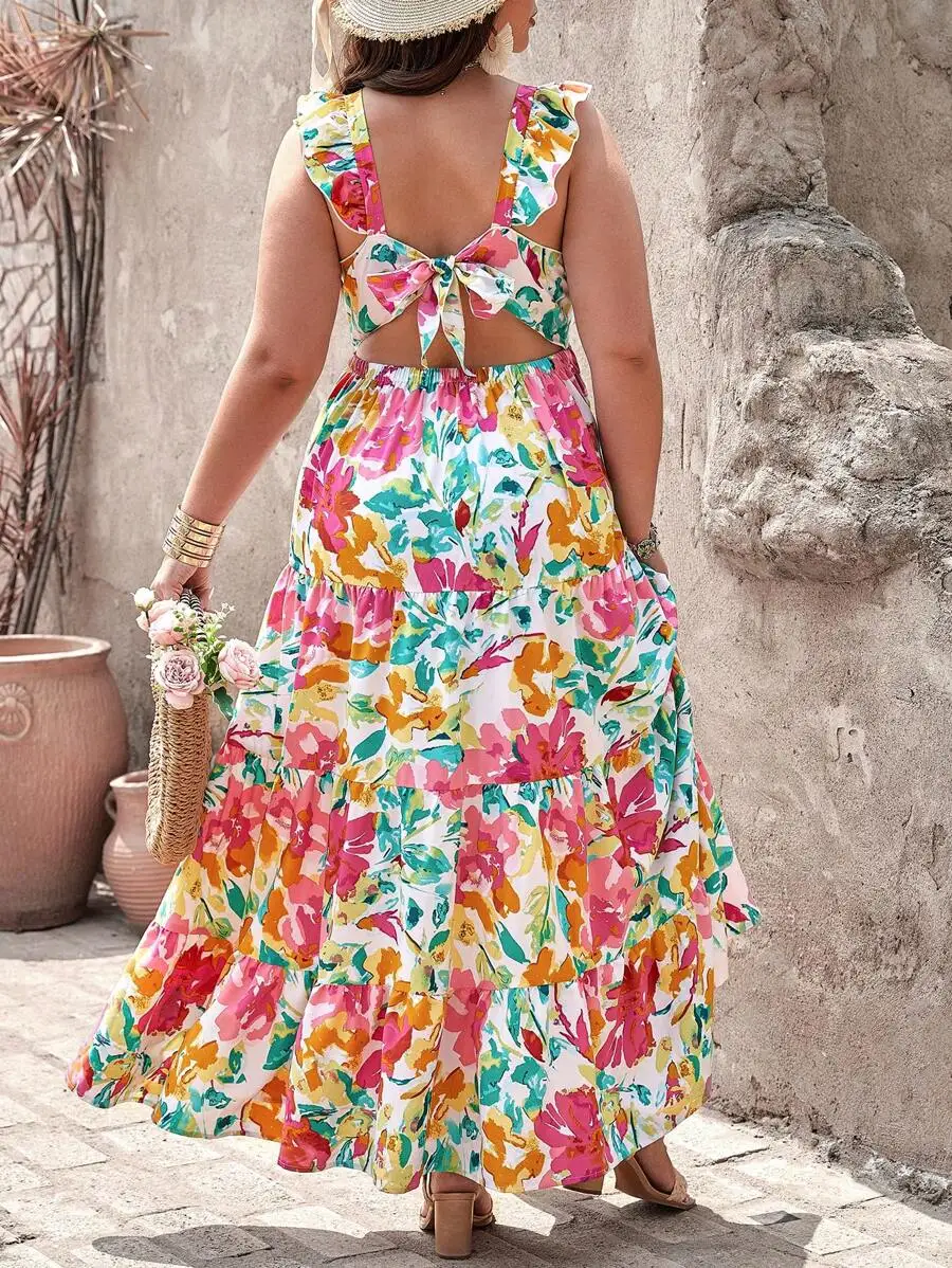 

Платье макси больших размеров в стиле бохо с цветочным принтом, многоярусное, с рюшами и завязками сзади