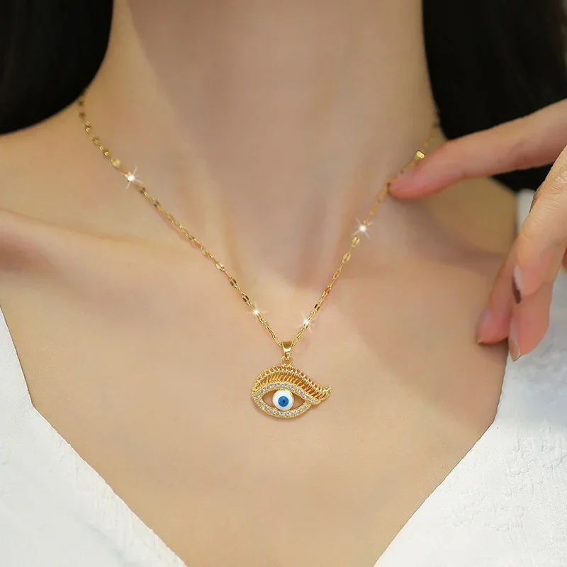 Female Versatile Eyelashes Eyes Zircon Pendant Necklace Clavicle Jewelry Titanium Steel Chain