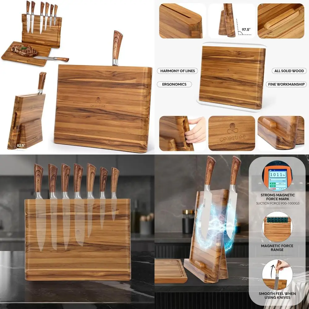 

Dual-Function Teak Wood Cutting Board with Built-in Magnetic Knife Storage - 16x11 Inches, Grooved for Juice Control, Kitchen Es