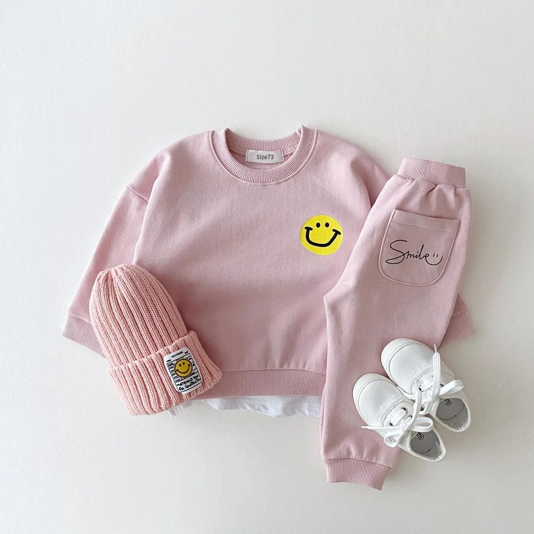 Korea Baby Boy Clothes Set Toddler Kids Clothes Cute Smiley Print Mock 2pcs Sweatshirt + Jogger Pant Baby Girl Tracksuit Outfits