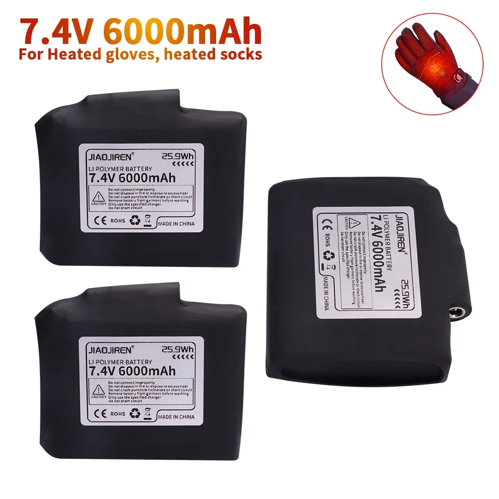 jiaojiren 7,4 V 6000 mAh wiederaufladbarer Lithium-Polymer-Akku für beheizte Handschuhe, Socken, beheizte Jacken, Weste, Motorradhandschuhe, USB-Ladegerät 10