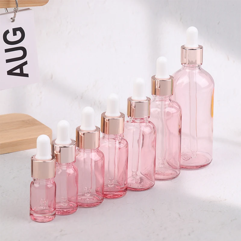 Tropfflaschen, nachfüllbar, 5–100 ml, Rosendeckel, Kosmetikbehälter, rosa Glas, Aromatherapie-Flüssigkeitspipette für ätherische Massage