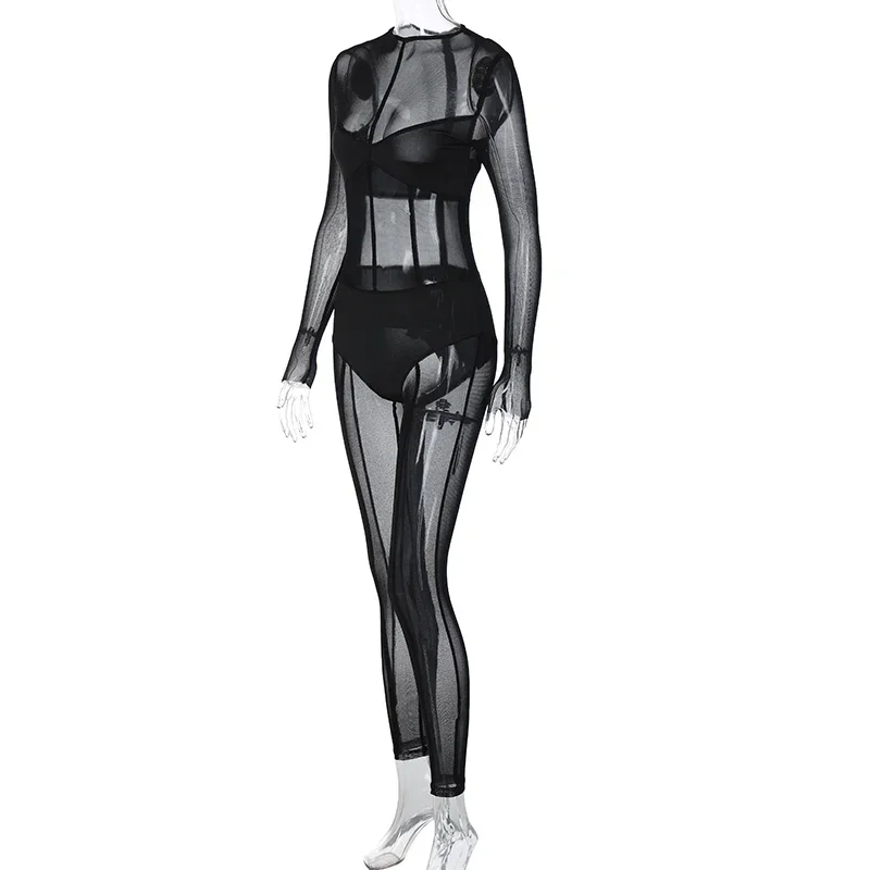 Sexy Transparent Mesh Jumpsuit For Women O-Neck Long Sleeve Bodycon Jumpsuit See Through Bodysuit Nightclub