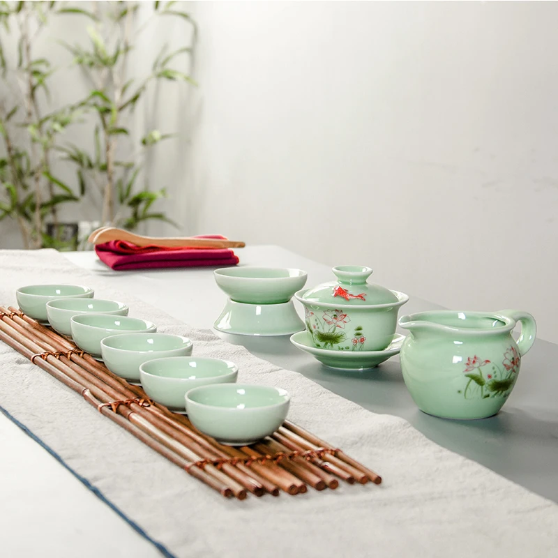 

Tea Set Koi Celadon Tea Set With 6 cup 1 tea pot Chinese Kung Fu Tea Cup Teapot Garden Cup Teapot Tea Pot Drinkware Tea Ceremony