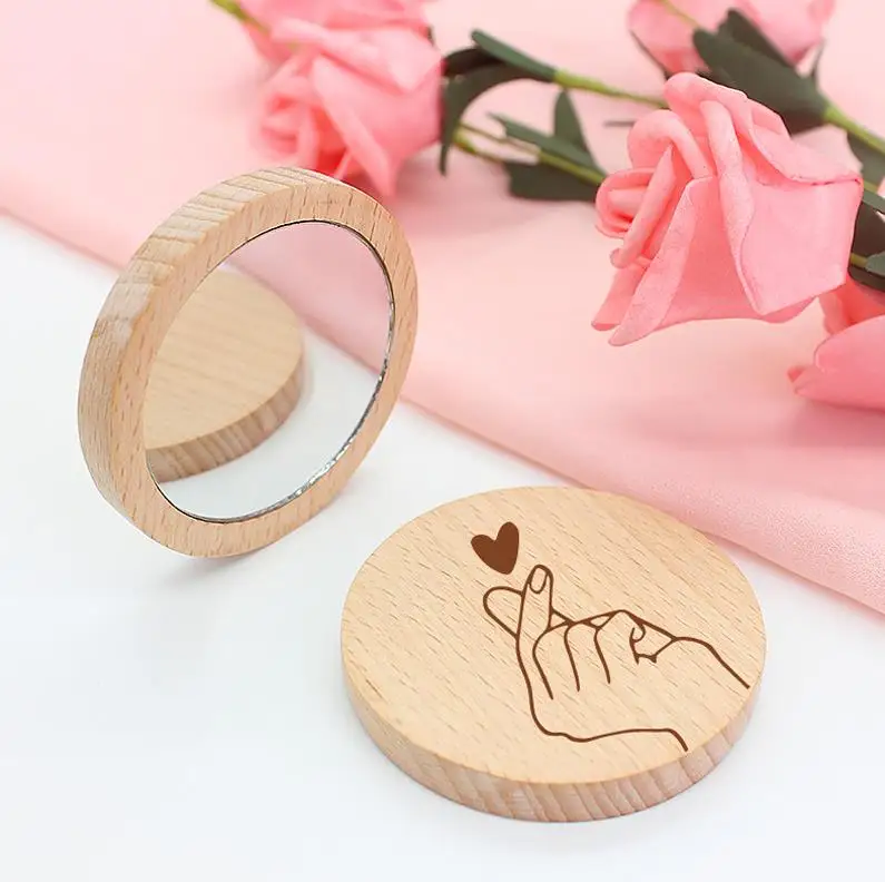 Wood Small Round Mirror Portable Pocket Mirror Wooden Mini Makeup Mirror Wedding Party Favor Gift Custom Logo ni127