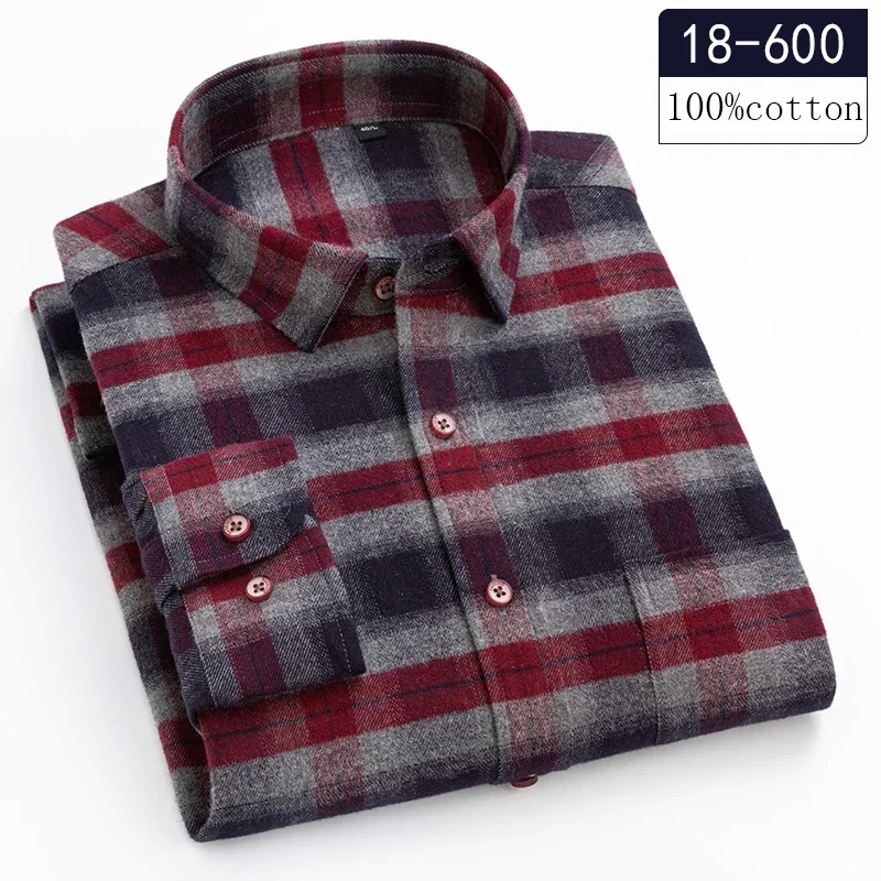 Chemise à manches longues pour hommes, 100% coton, ponçage, coupe couvertes, chemise décontractée, vêtements à carreaux de créateur doux, haute