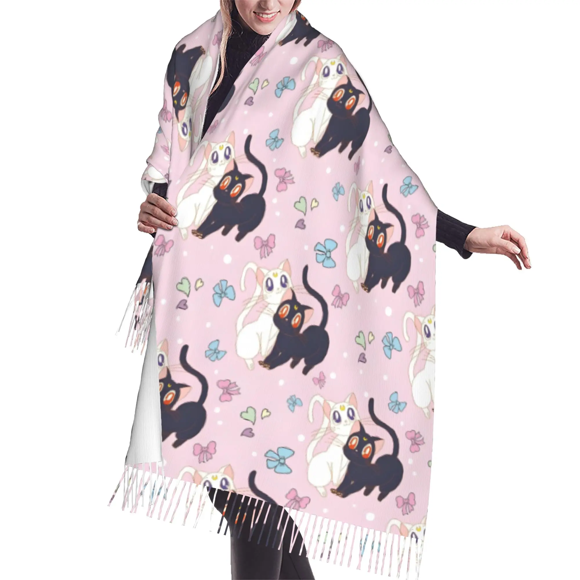 Custom Sailored Manga Anime Mooned Scarf Wrap for Women Long Winter Warm Tassel Shawl Unisex Usagi Tsukino Luna Scarves