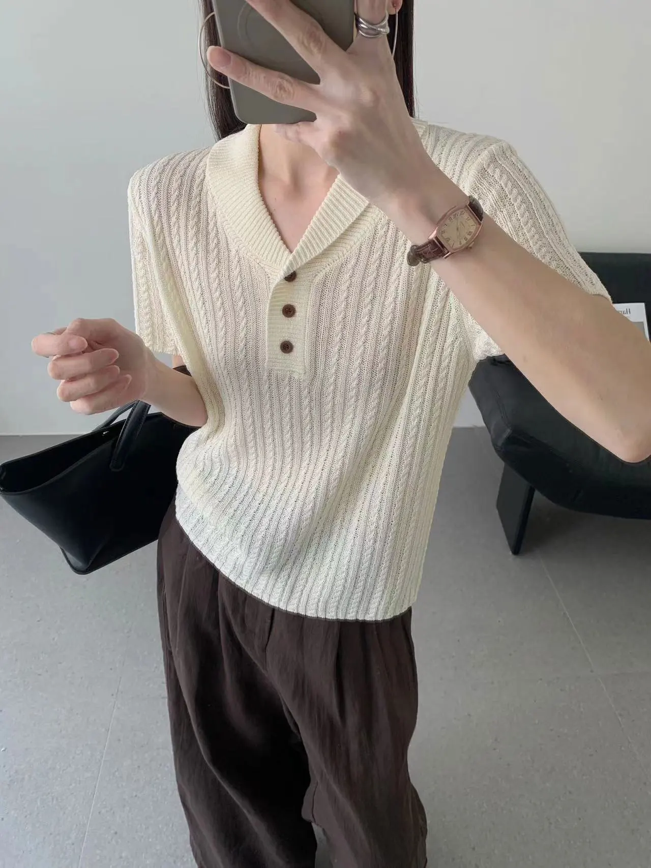 

Korean Style V-Neck Short Sleeve Knitted Linen Pullover Shirt Women's Summer New Fashion Loose Fit Breathable Top