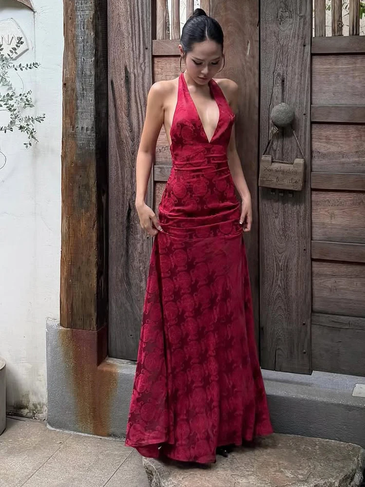 Nibber Maxikleid mit diskretem Musterdruck für Damen, tiefer V-Ausschnitt, Neckholder, rückenfrei, ärmellos, elegant, für Bankett, Mode, Abschlussball, Party, Vestidos
