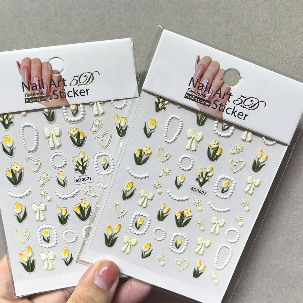 1pc 5D Yellow Tulip Flower Nail Art Sticker Blossom Petal Leaf Rabbits Kawaii Spring Summer Slider Pink Manicure Decoration Tips