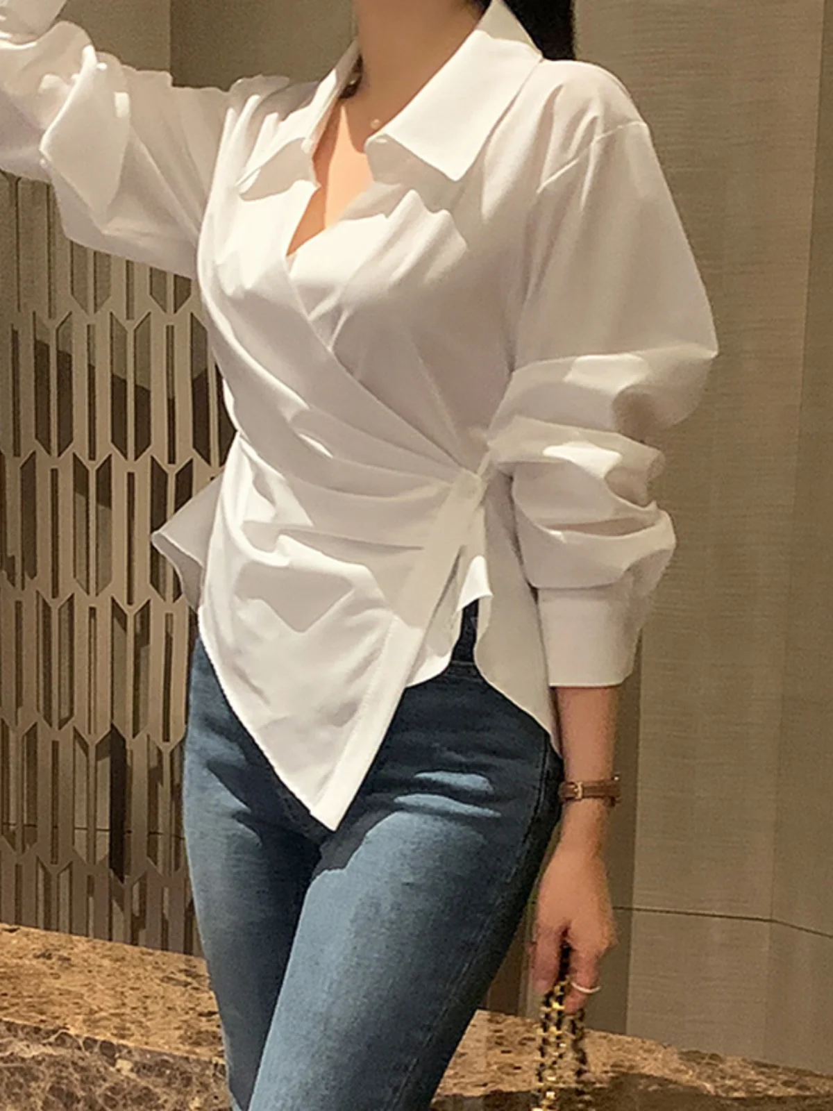 

Chic Women's irt Asymmetric Side Bule Slim Fit Collar Long Sve Pure Color Design Sense Casual Busin Office Wear