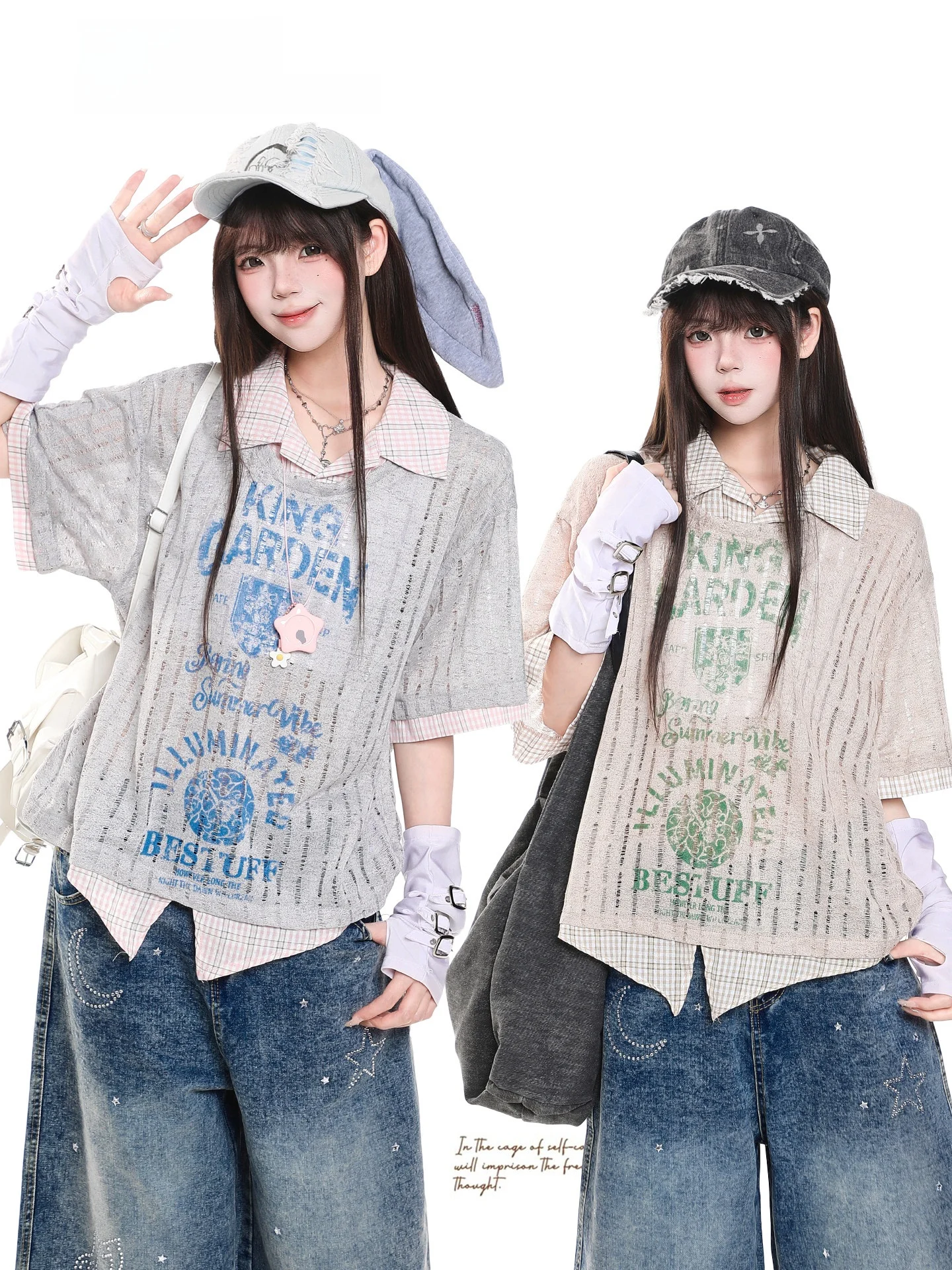 Retro American Letter Print Short Sleeve T-Shirt Women Summer Hollow Collar Loose Casual Design Top Creative Pattern Unisex