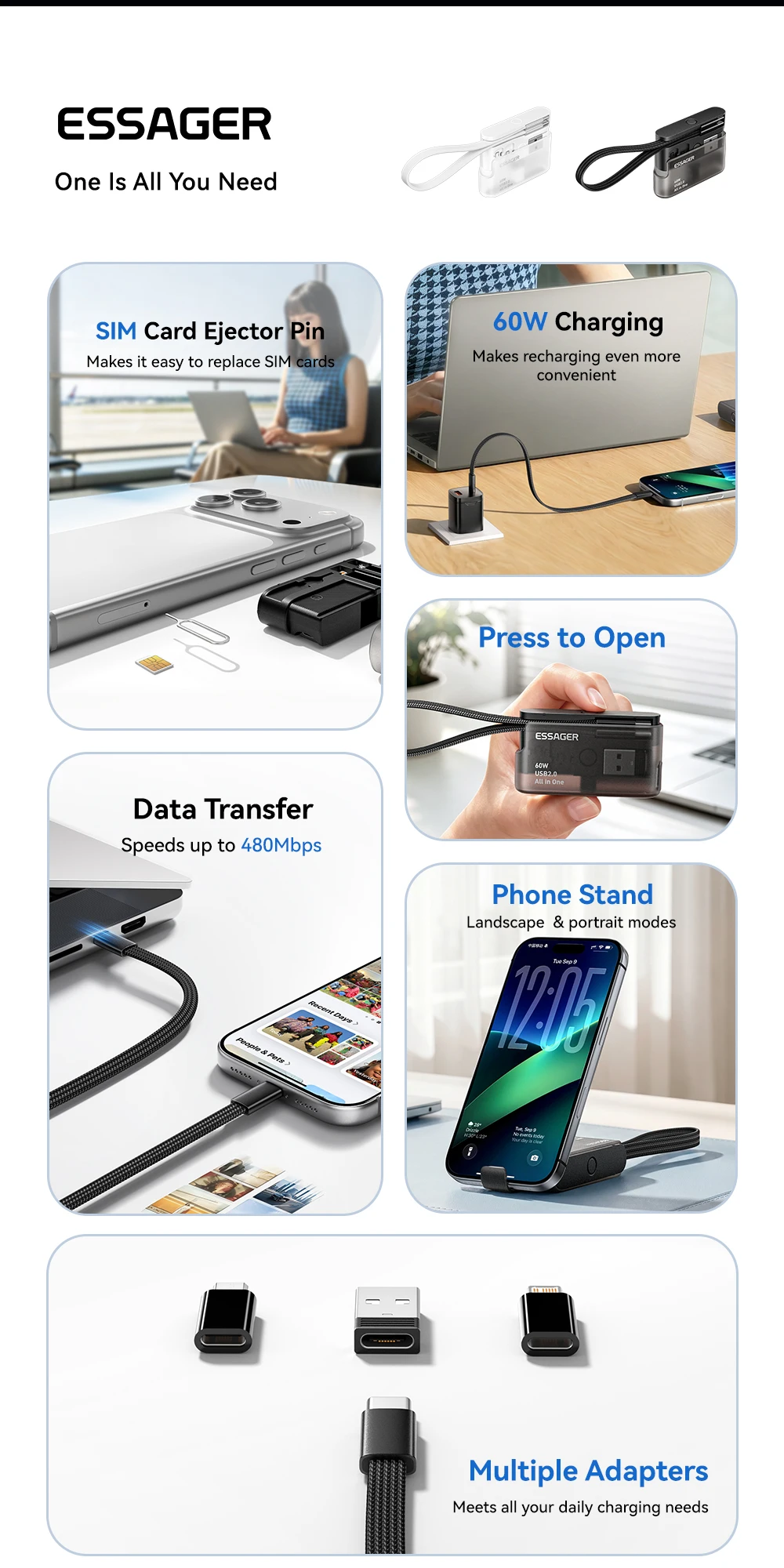 Essager PD 60W USB Type C Cable Set Fast Charging Data Sync for iPhone 17/16/15 with Storage Box And Holder Travel-Friendly