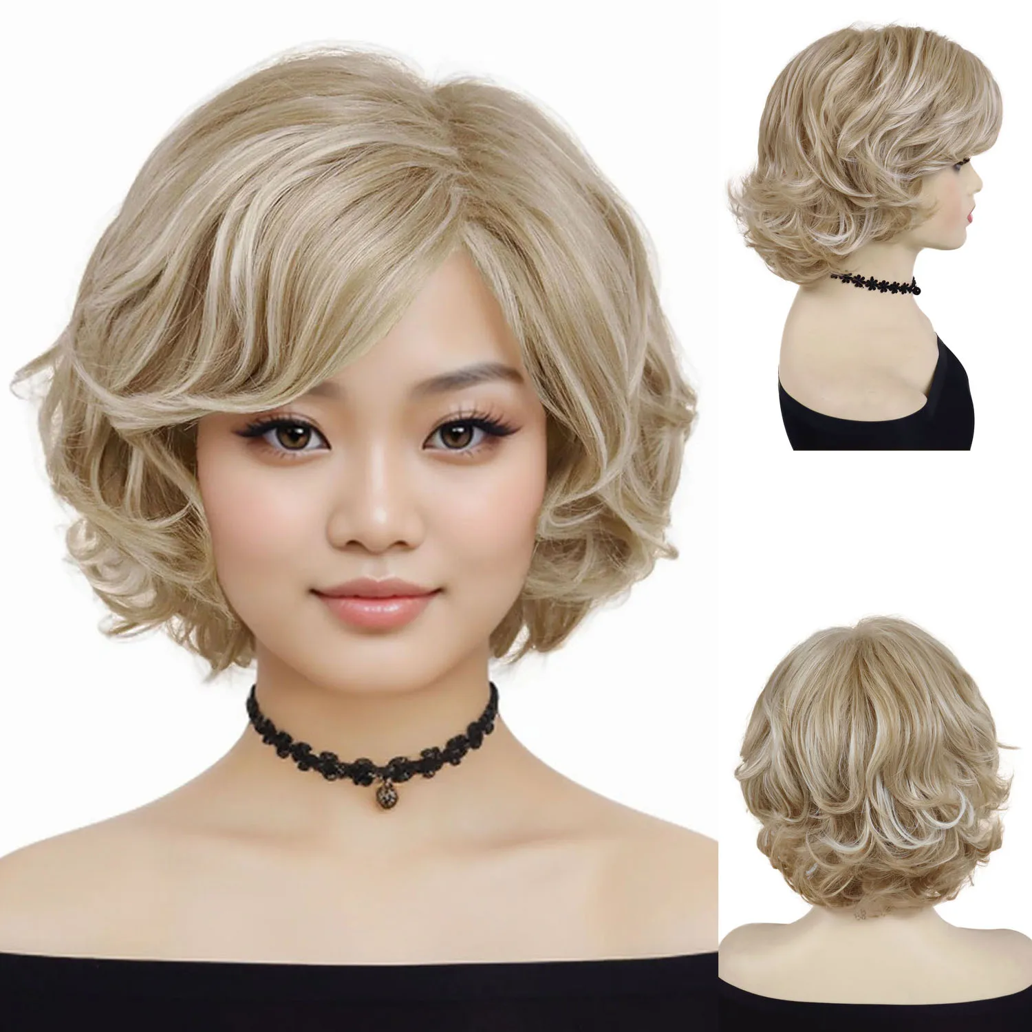 Women's Short Curly Hair Wigs Synthetic Blonde Wig with Bangs Daily Party Costume Elderly Ladies Mommy Wig Gifts Heat Resistant