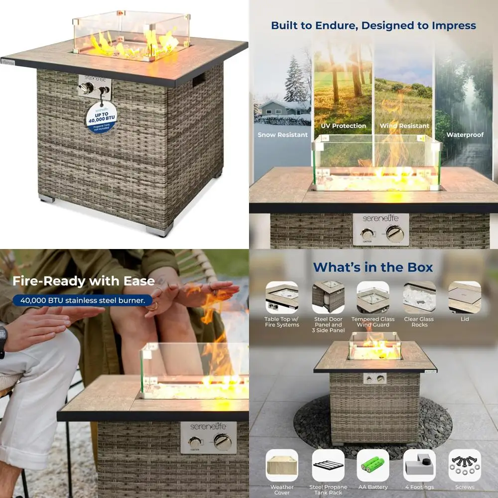 

SereneLife Square Wicker Propane Fire Pit Table with 50,000 BTU, CSA ETL Certified, Tile Top and Adjustable Flame