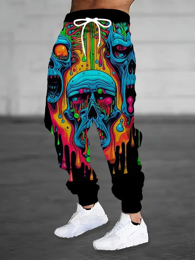 

Skull Print New Colorful High-Quality Ice Silk Long Pants For Men's Slim Fit Elastic And Quick Drying Outdoor Running Pants ML4