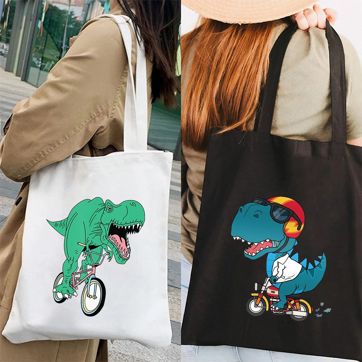 Lovely Dinosaur T Rex Riding Bike Cute Animal Women's Shopping Canvas Shoulder Cotton Tote Bags Shopper Foldable Grocery Handbag