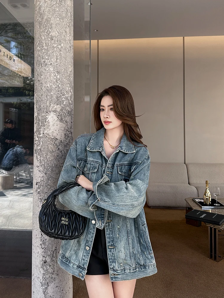 

Повседневная свободная женская джинсовая куртка в американском ретро-стиле, весна-осень, новая модная однотонная хлопковая верхняя одежда на пуговицах