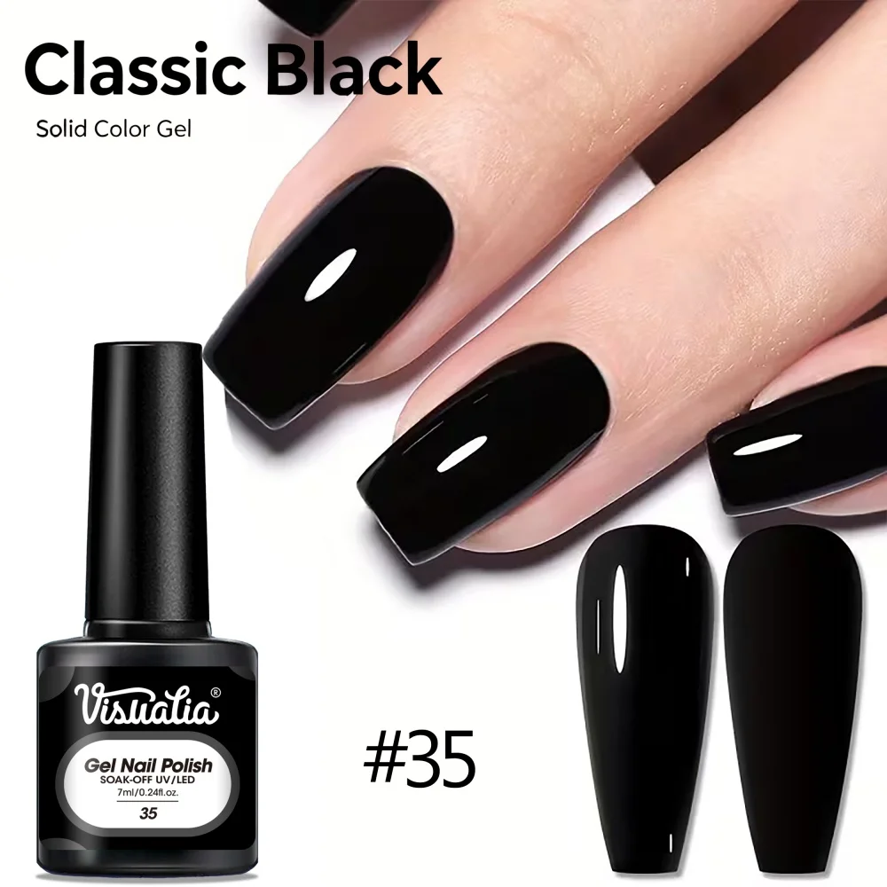 Visuatia # 35 Pure Black Removable Phototherapy Gel 7ml, bottled solid color nail polish gel. Versatile classic black, cool and stylish, with a moderate gel consistency. After curing, the color lasts for a long time, suitable for personalized outfits, trendy and cool nail art, popular colors for home DIY and salon manicures.