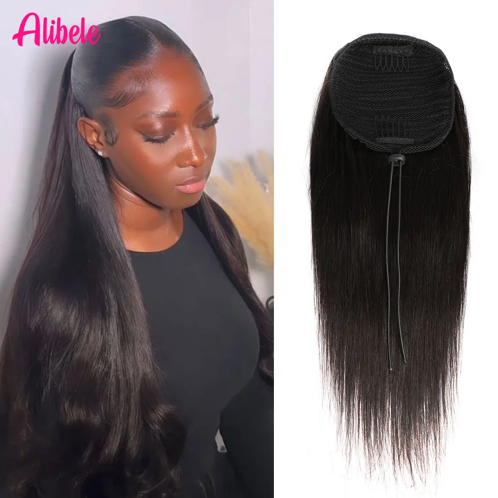 

Прямые хвостики, человеческие волосы, волосы Alibele 3c4a, натуральные прямые волосы, хвостики на шнурке, наращивание волос для женщин, 105 грамм