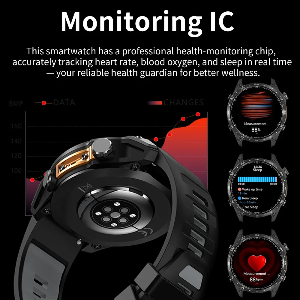 2025 جديد رجل عسكري Smartwatch المدمج في نظام تحديد المواقع بلوتوث دعوة مقياس الارتفاع الجوي 3ATM مقاوم للماء الساعات الرياضية ساعة ذكية الرجال