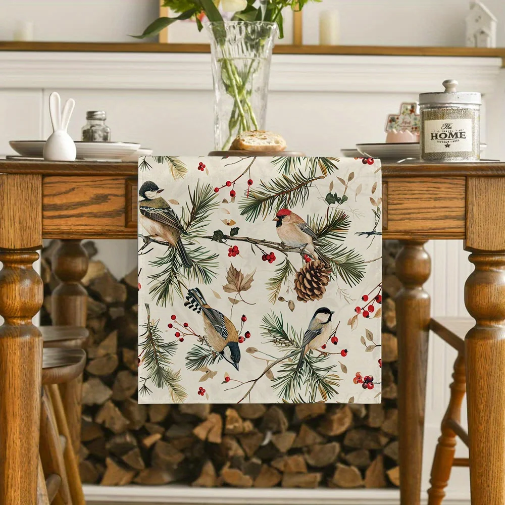 Christmas Table Runner 1PCS Festive Bird Branches Holiday Dining Kitchen Table Decor Christmas Party and Home Room Decor