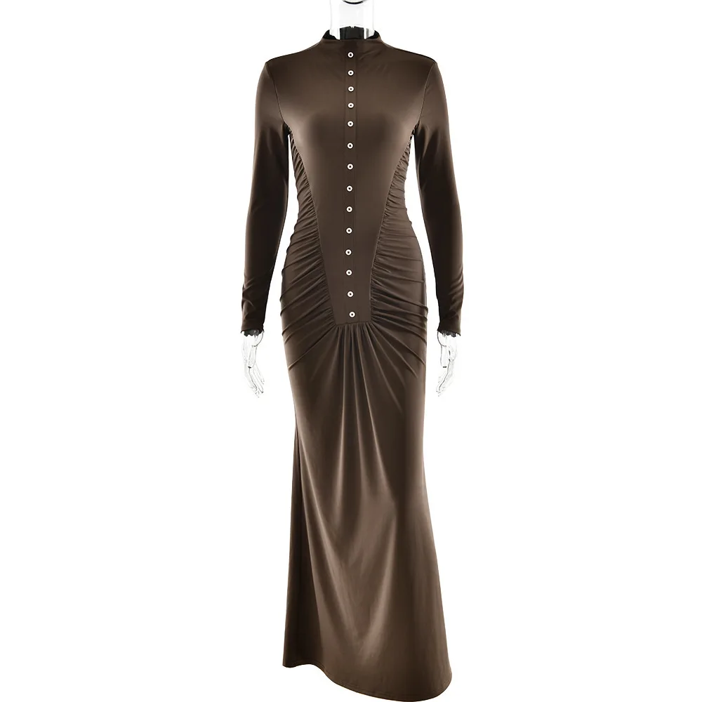 Apprabant Women Fall Winter Solid Ruched Button Up Long Sleeve Dress O-Neck Slim Fit Elegant Casual Outfit Fashion Streetwear